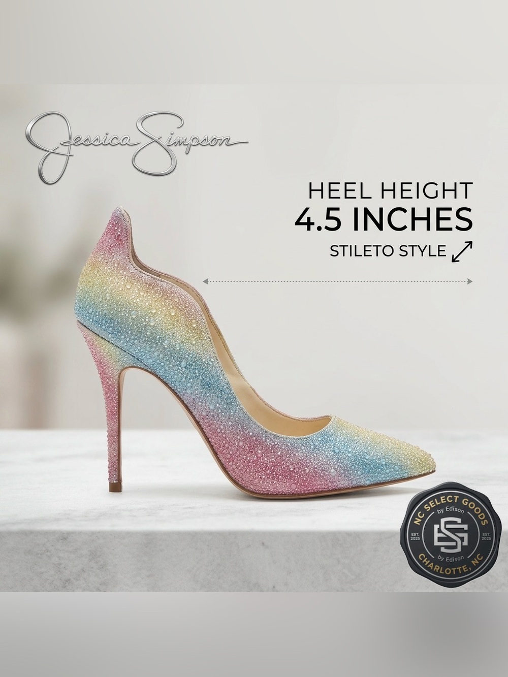 Jessica Simpson Pastel Rainbow Crystal Pointed Toe Pumps - Pink Blue Yellow - Picture 12 of 12